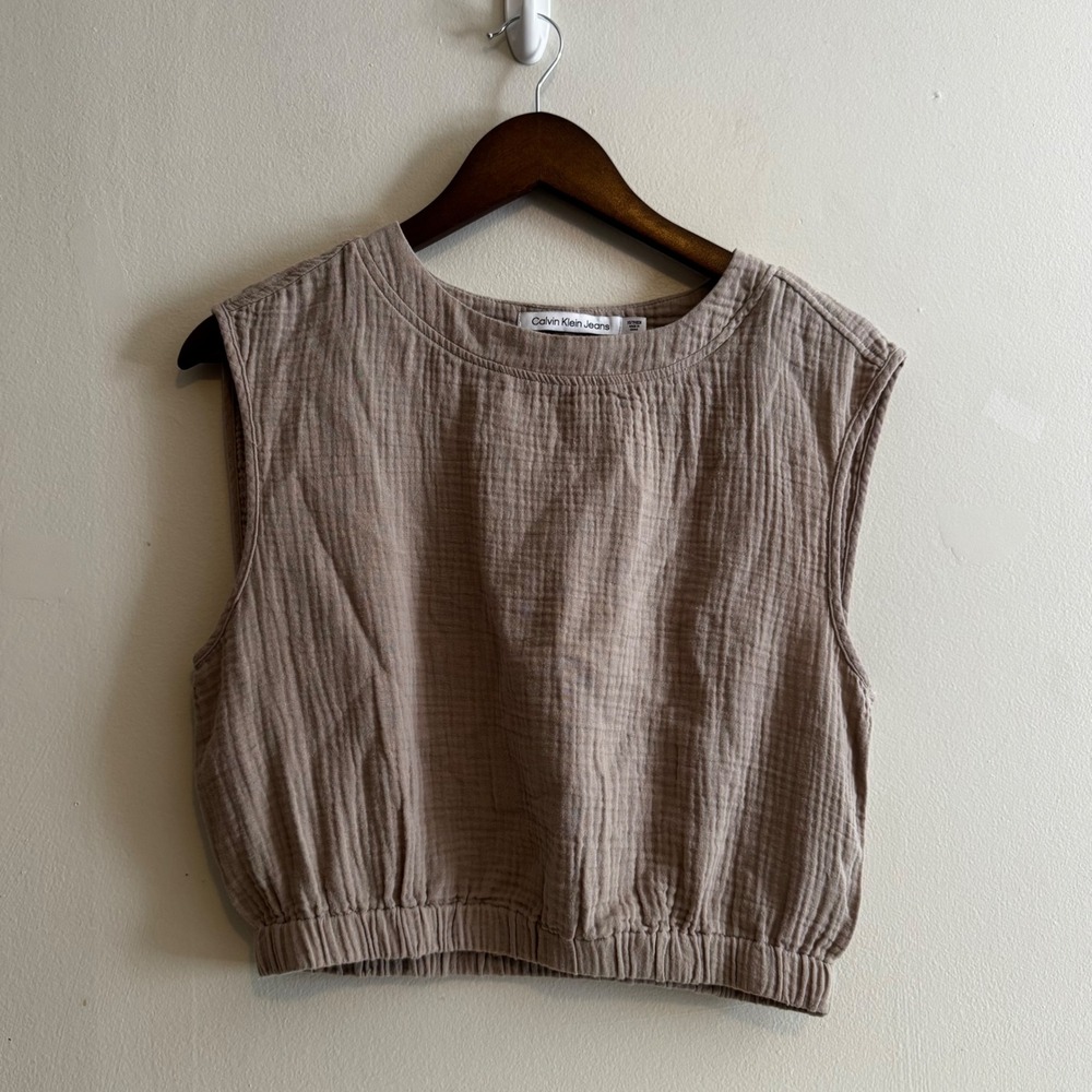Women's Gauze Sleeveless Crop Top Tank XS Beige 100% Cotton Natural Fibers Boho